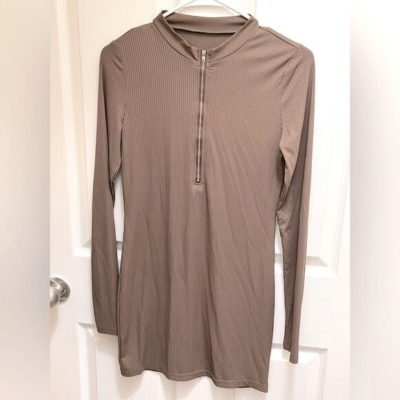 Brown Ribbed Bodycon Dress - Picture 1 of 4